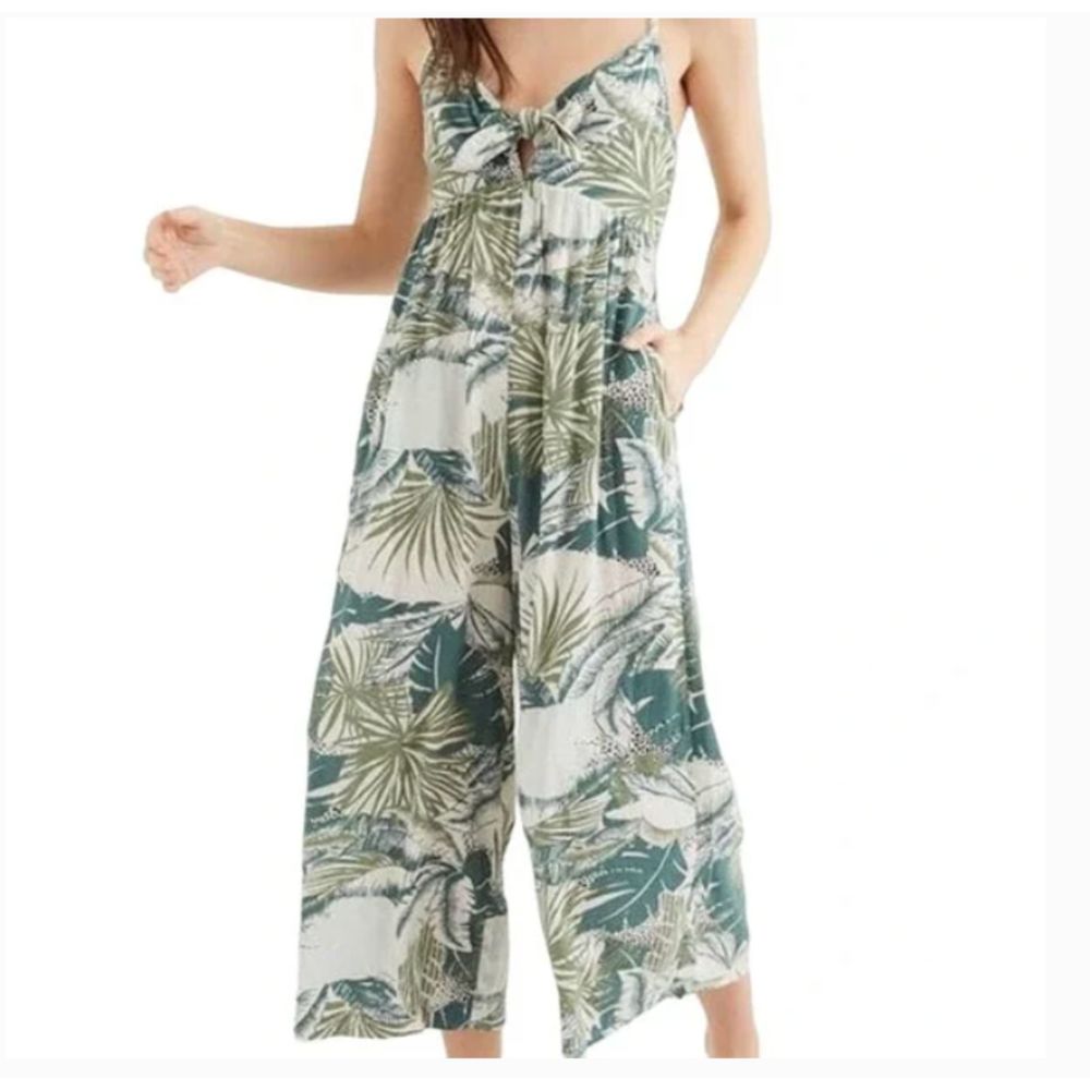 aerie Green and White Tropical Print Jumpsuit